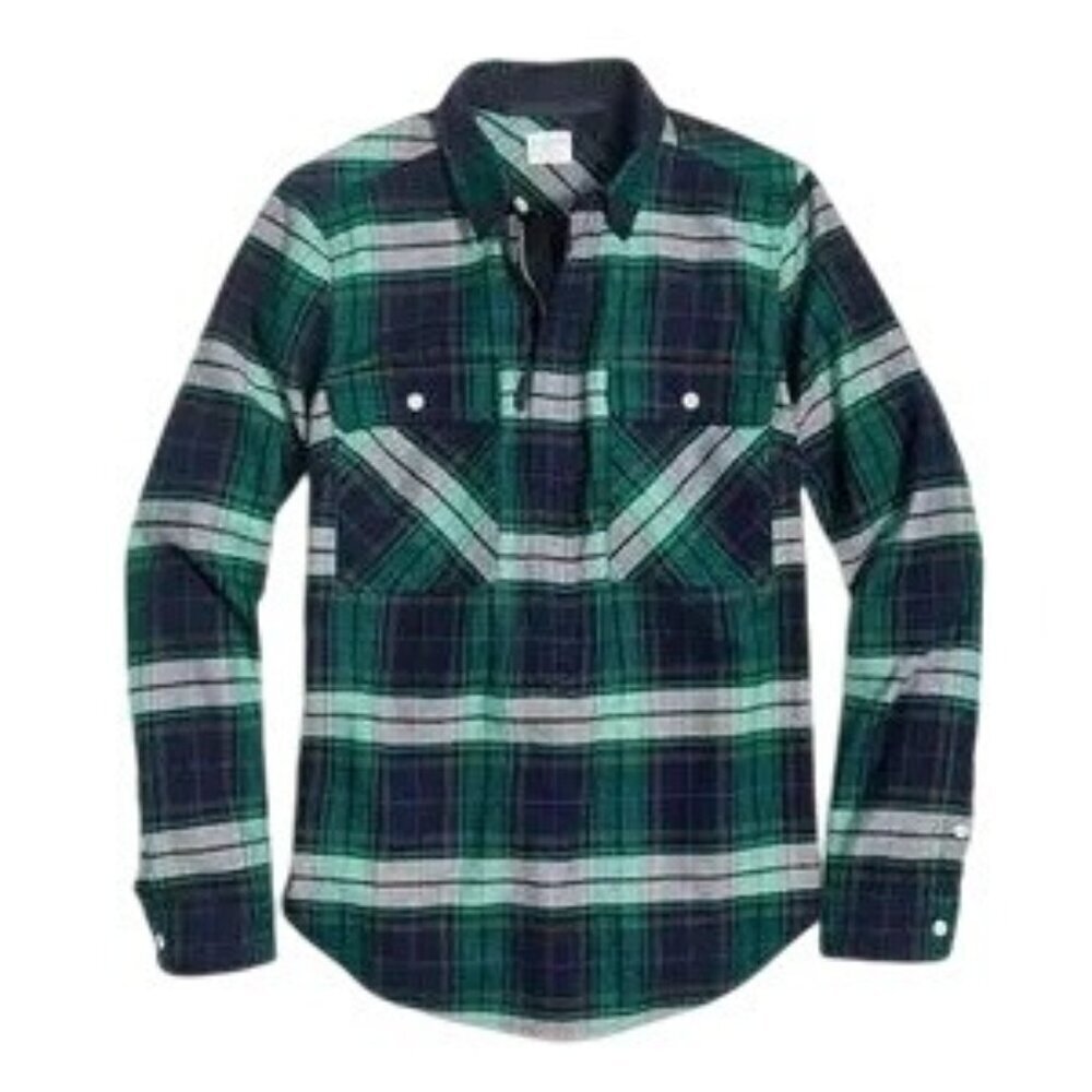 J Crew Womens S Half Zip Buffalo Plaid Popover Shirt Jacket Blue Green‎